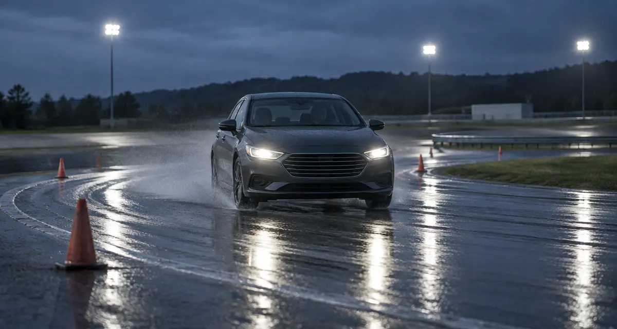 Illustration: an unbranded sedan rounds a wet vehicle testing lane under blue-hour floodlights