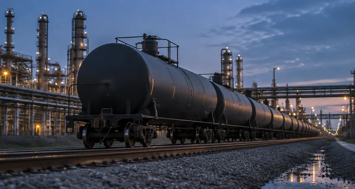 Illustration: petroleum rail tank cars beside refinery infrastructure at blue hour