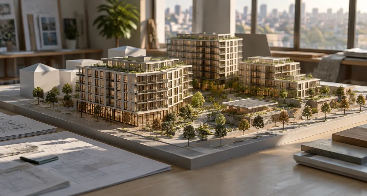 Illustration: architectural model of a mixed-use development on a studio worktable in late-afternoon light