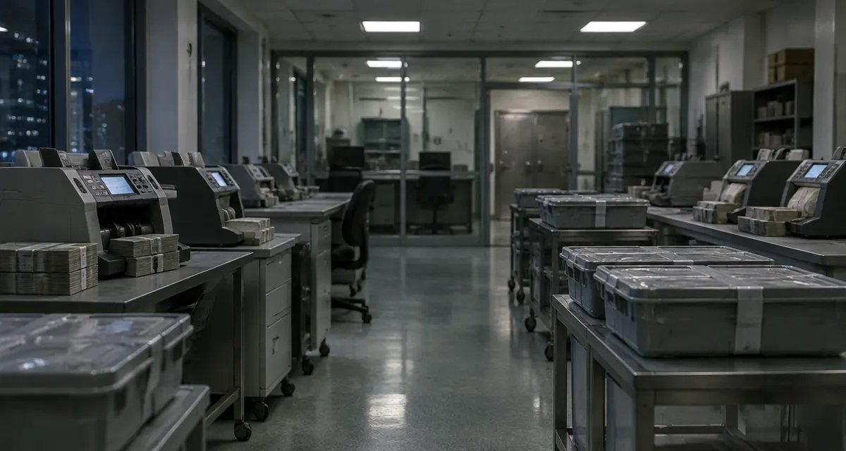 Illustration: idle cash counting machines and sealed trays in a bank operations room
