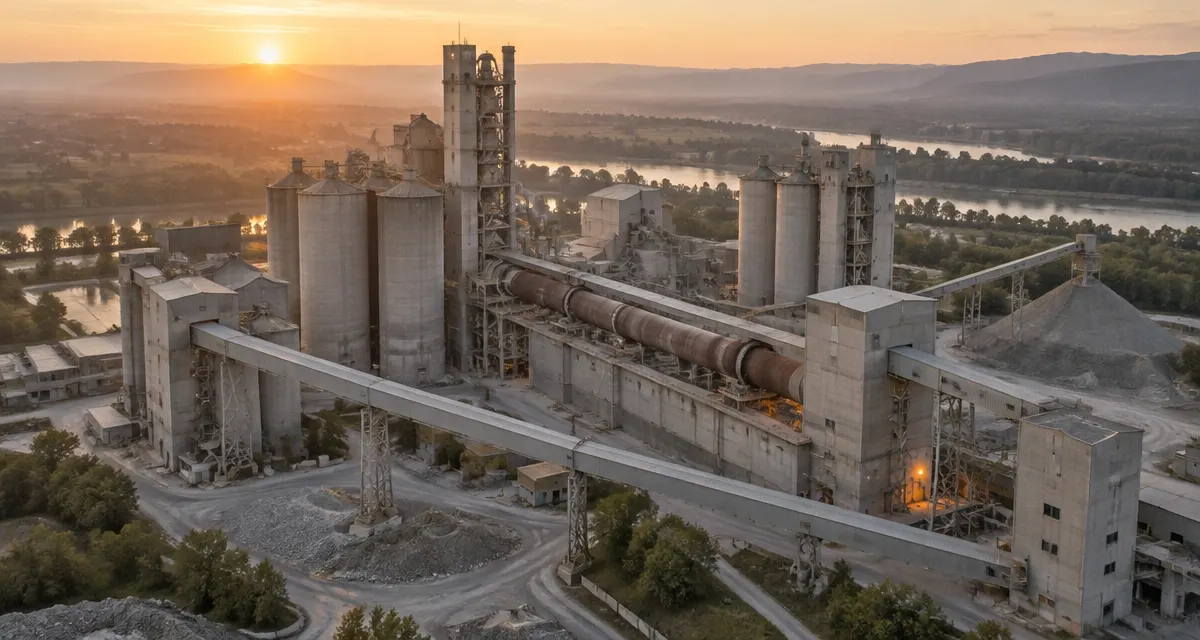 Illustration: aerial view of a cement plant’s kiln building, silos and conveyor at sunrise