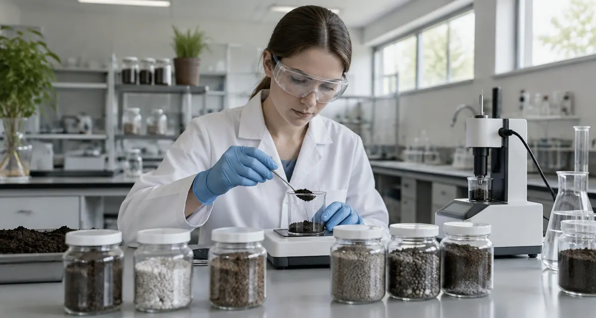 Illustration: sample jars and testing equipment on a fertilizer laboratory workbench
