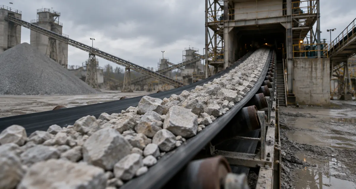 Illustration: limestone rock feeding into industrial crushing equipment at a cement plant