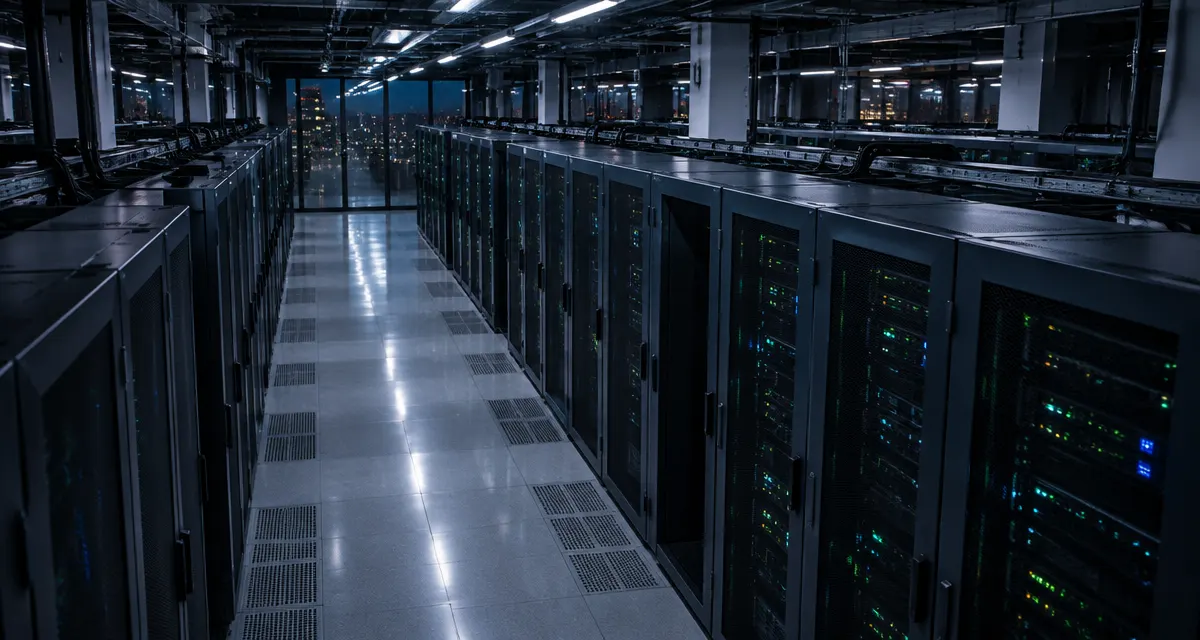 Illustration: rows of server racks in a bank operations data centre