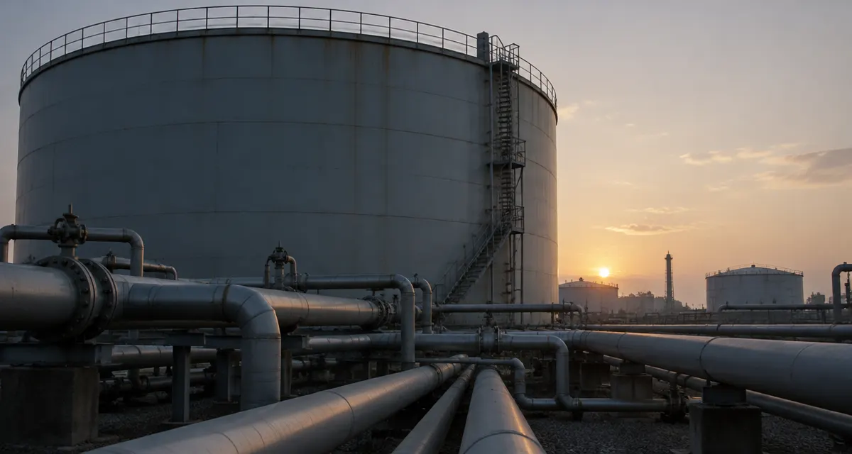 Illustration: petroleum storage tank and pipework silhouetted in the early morning light