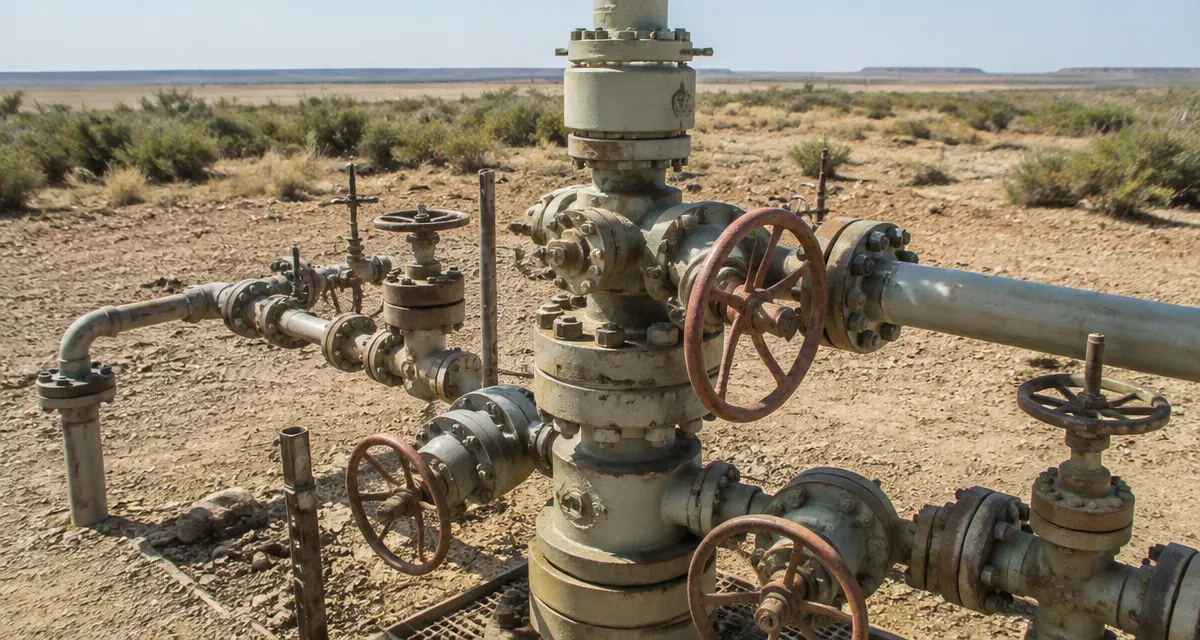 Illustration: unbranded wellhead valves and pipes in a dry, remote field