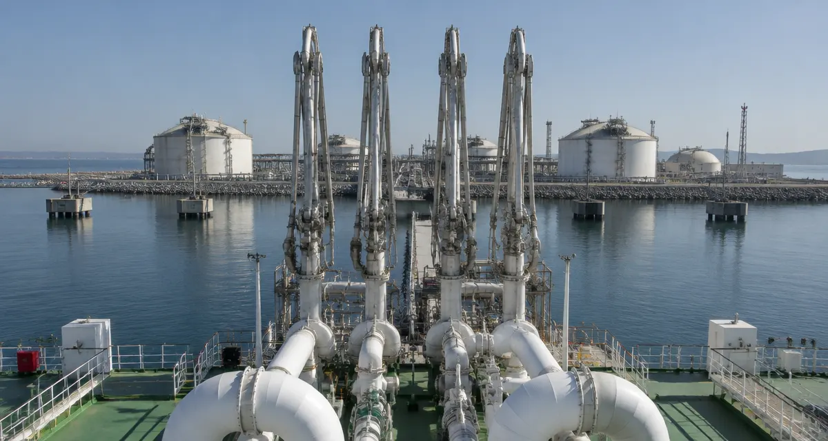 Illustration: lNG transfer arms and a terminal seen from the deck of a carrier