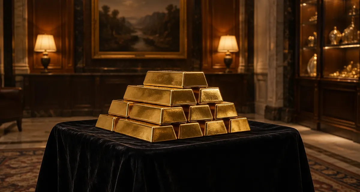 Illustration: a stack of gold bars on dark velvet