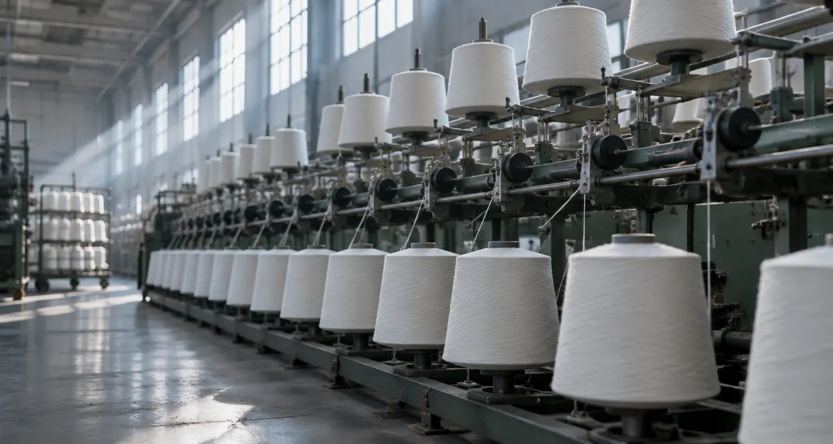 Illustration: rows of yarn cones and winding machinery inside a textile mill