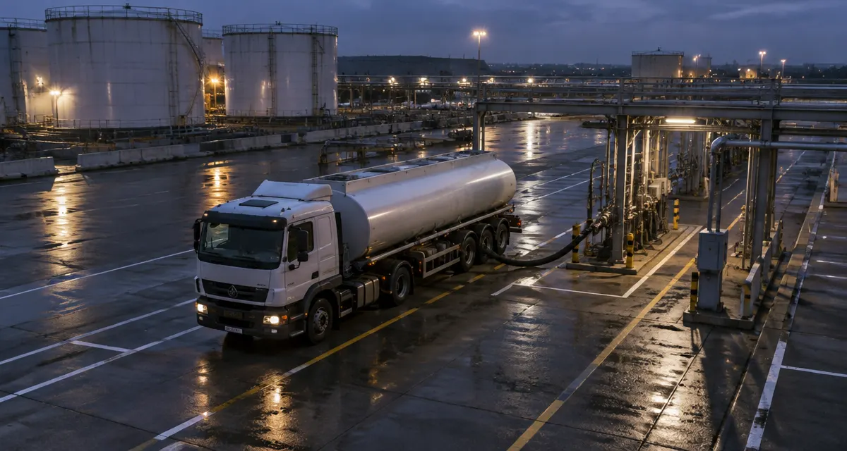 Illustration: fuel bowser connected to a loading gantry at a petroleum depot after sunset