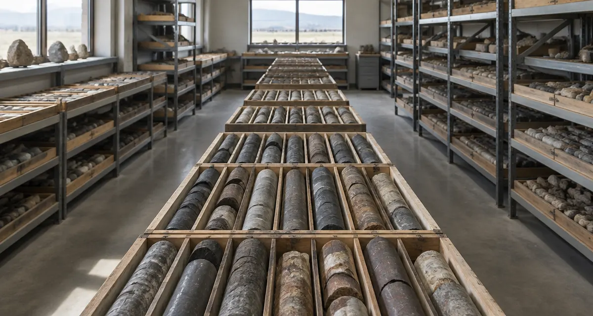 Illustration: rows of rock core samples arranged in trays inside a geology archive