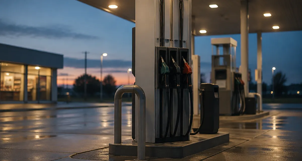 Illustration: a petrol station forecourt with fuel dispensers