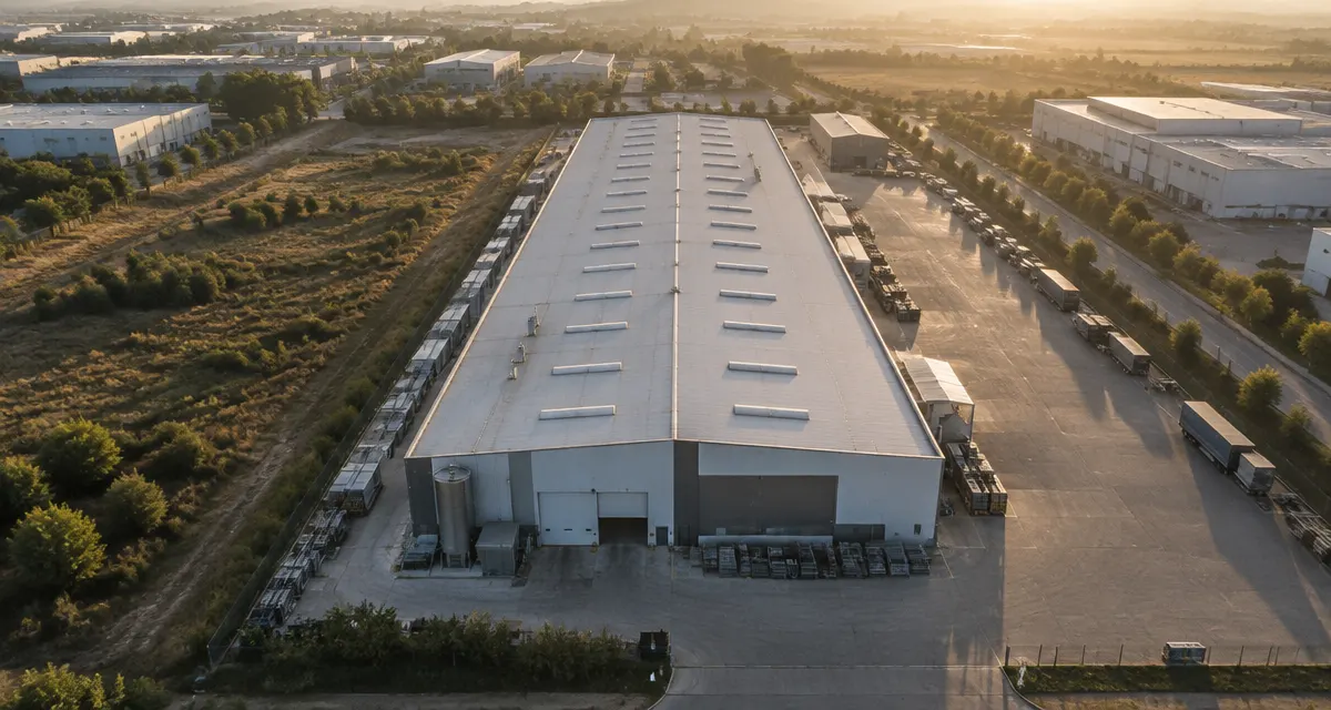 Illustration: aerial view of a manufacturing building beside an open industrial lot in late-afternoon light