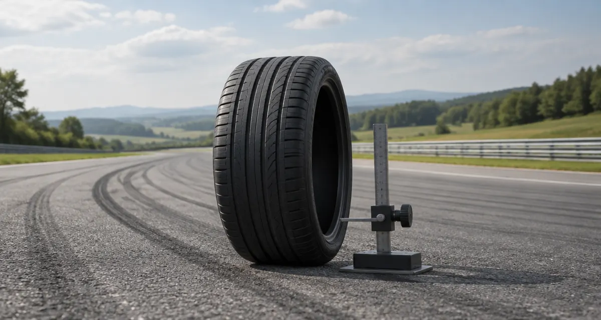 Illustration: an unbranded passenger tyre and measuring gauge beside curved tracks at an outdoor testing circuit