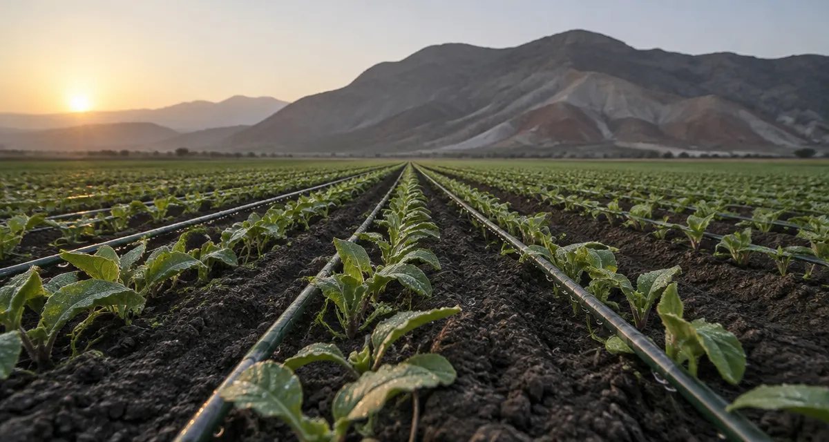 Illustration: drip-irrigated crop rows extend toward a rugged ridge at sunrise