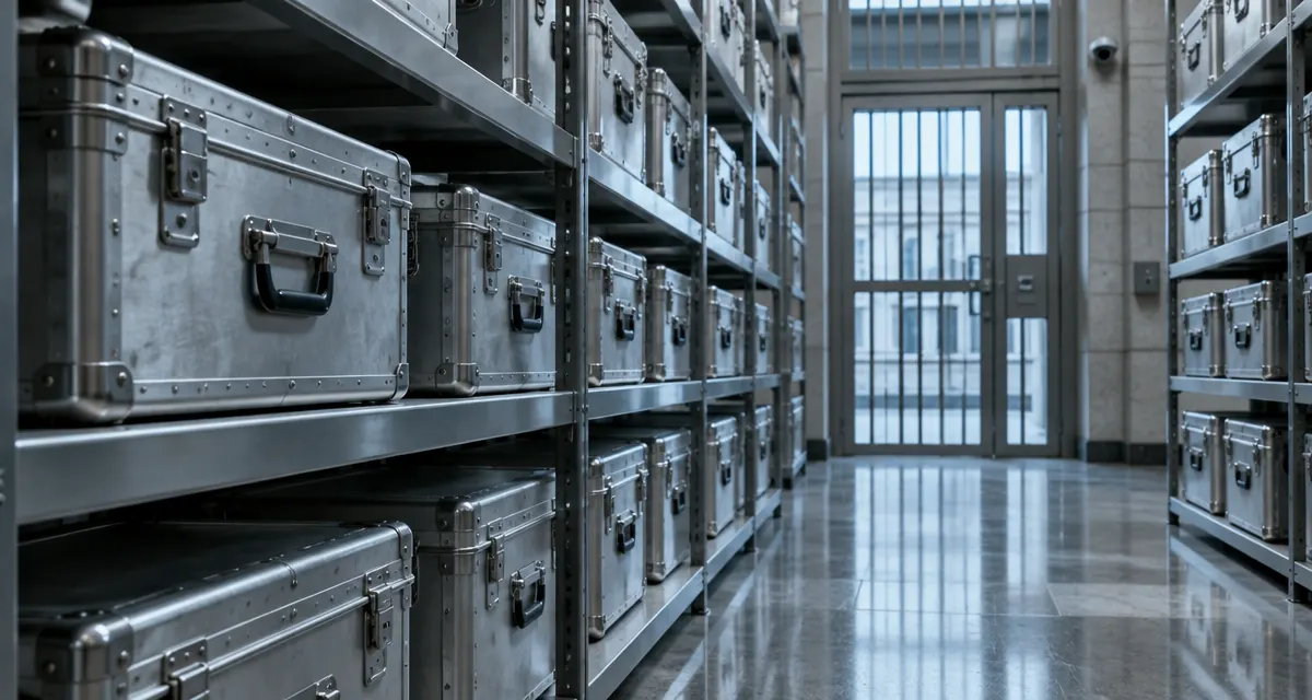 Illustration: sealed currency transport cases on shelves in a secure storage corridor