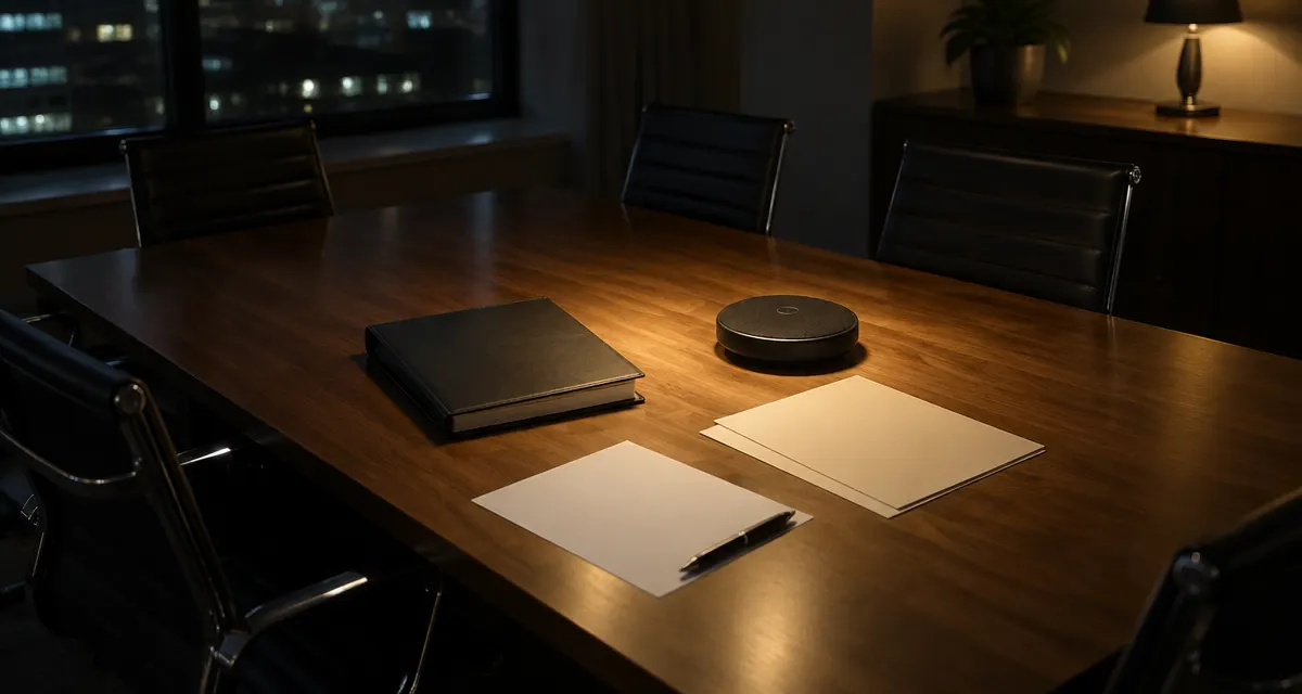 Illustration: an empty meeting table with papers and a conference speakerphone under warm evening light