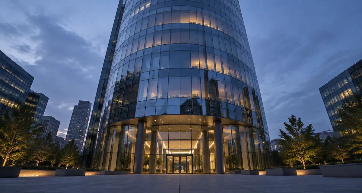 Illustration: glass office tower reflecting the evening sky at blue hour