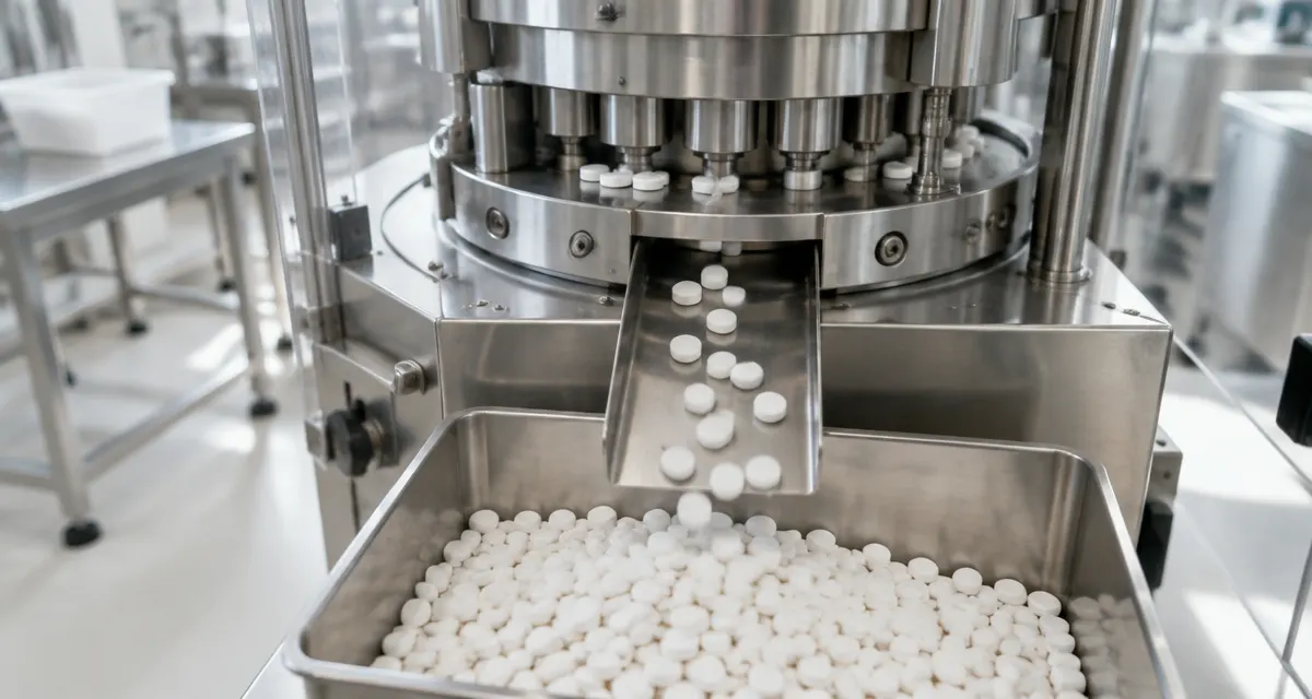 Illustration: unmarked tablets emerging from a stainless steel press into a collection tray