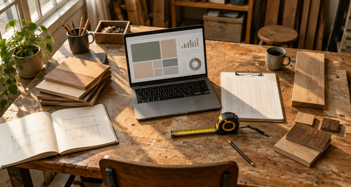 Illustration: a laptop with an abstract dashboard sits beside a ledger and wood samples in a furniture workshop office