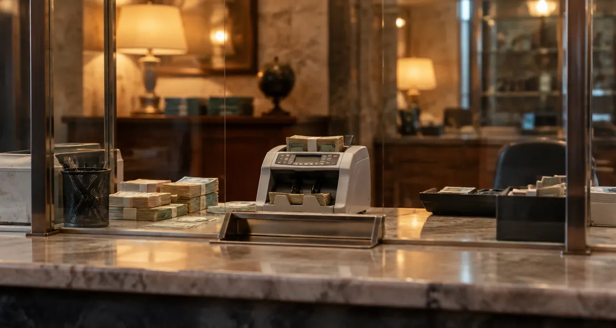Illustration: a currency exchange counter with a note-counting machine