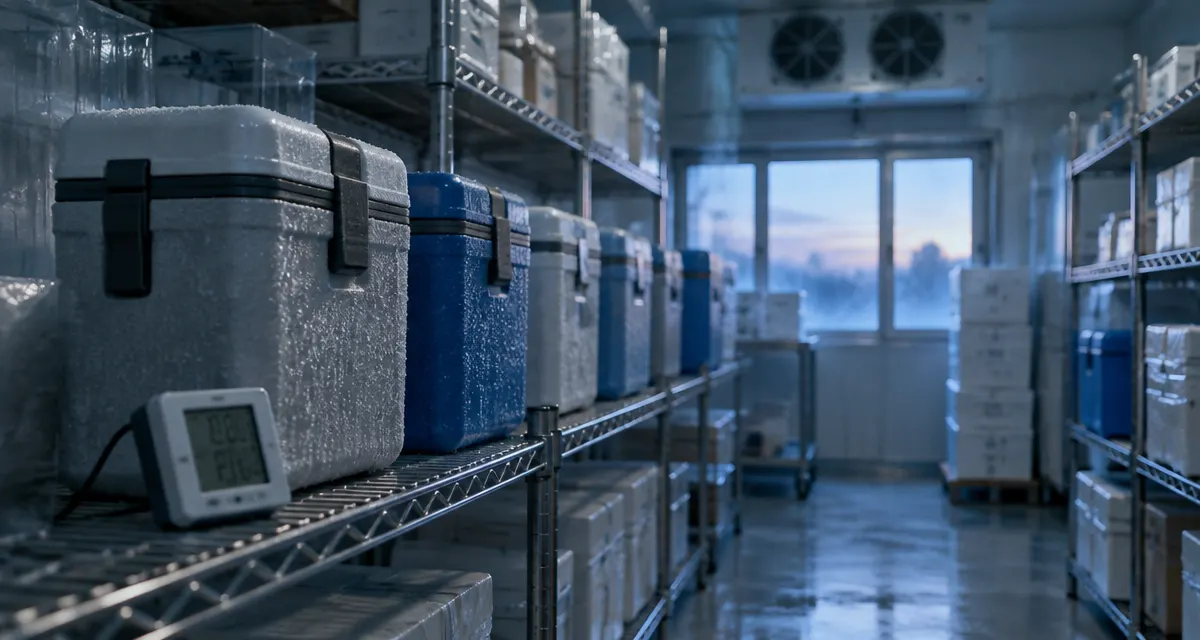 Illustration: insulated pharmaceutical transport containers stored in a cold distribution room