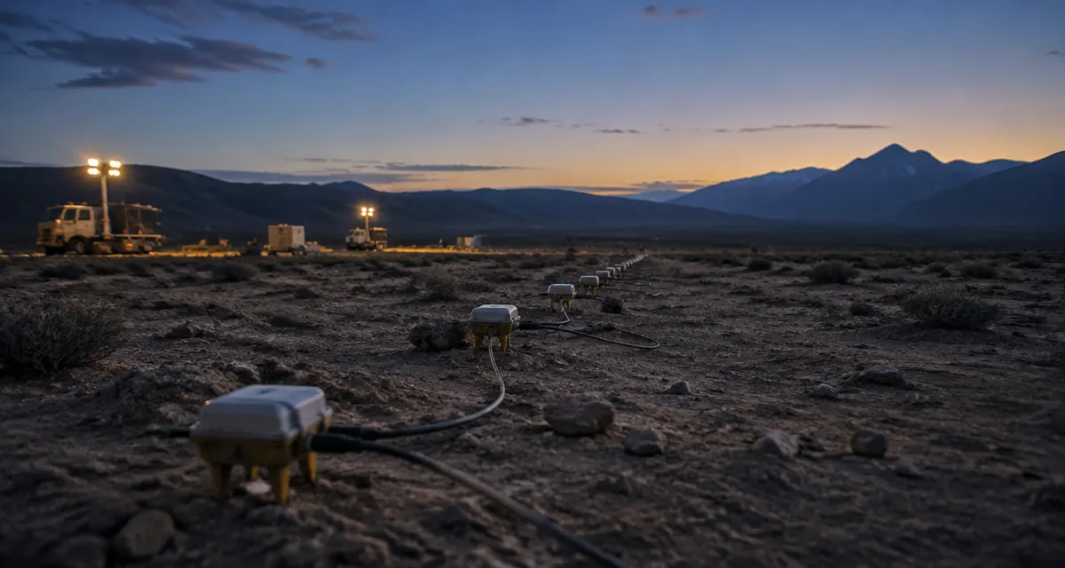 Illustration: seismic survey sensors and cables cross an arid plateau at blue hour