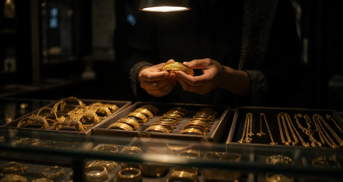 Illustration: gold bangles and chains in a jeweller’s counter
