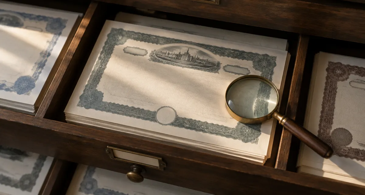 Illustration: unmarked share certificates in archival drawers beside a brass magnifying glass
