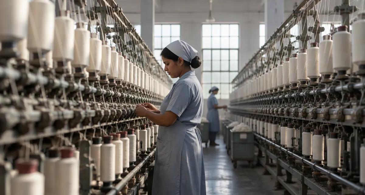 Illustration: rows of spinning frames and cotton threads inside a textile mill