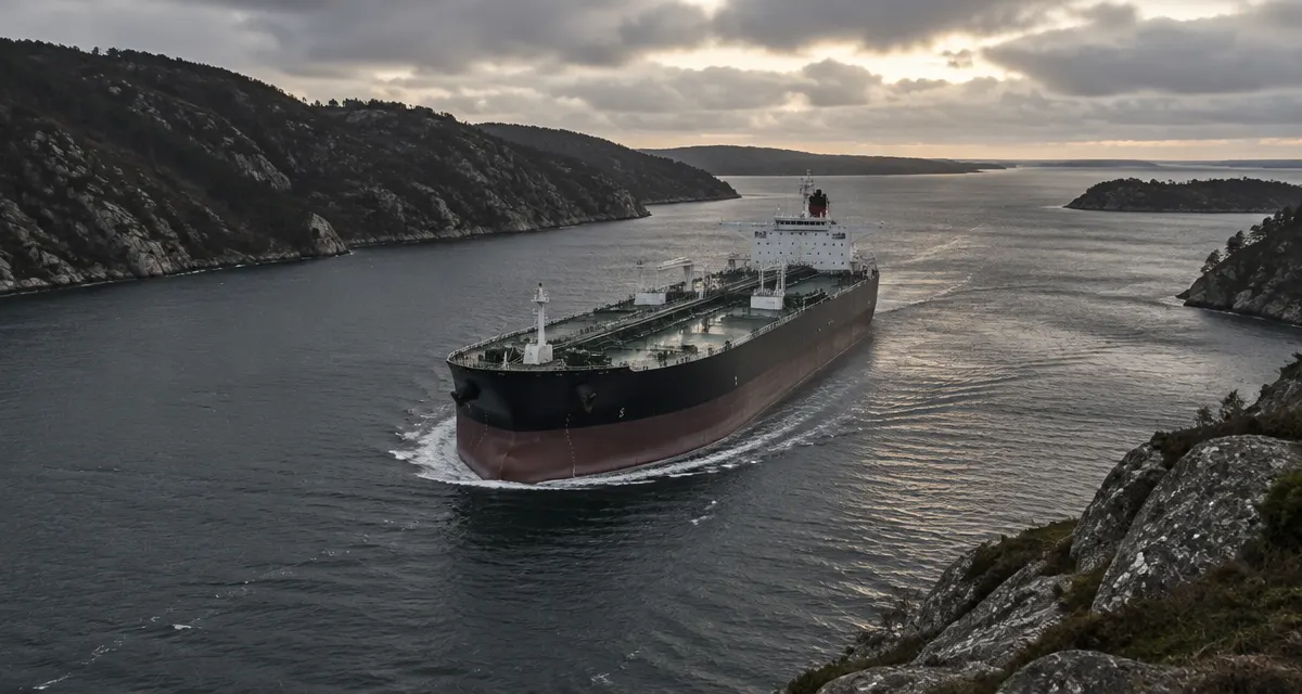 Illustration: crude oil tanker passing through a narrow sea channel
