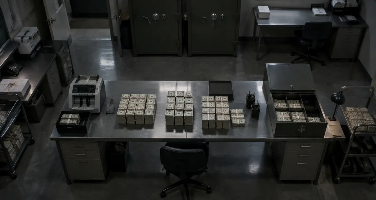 Illustration: secure cash drawers and plain currency bundles on a bank operations room work surface