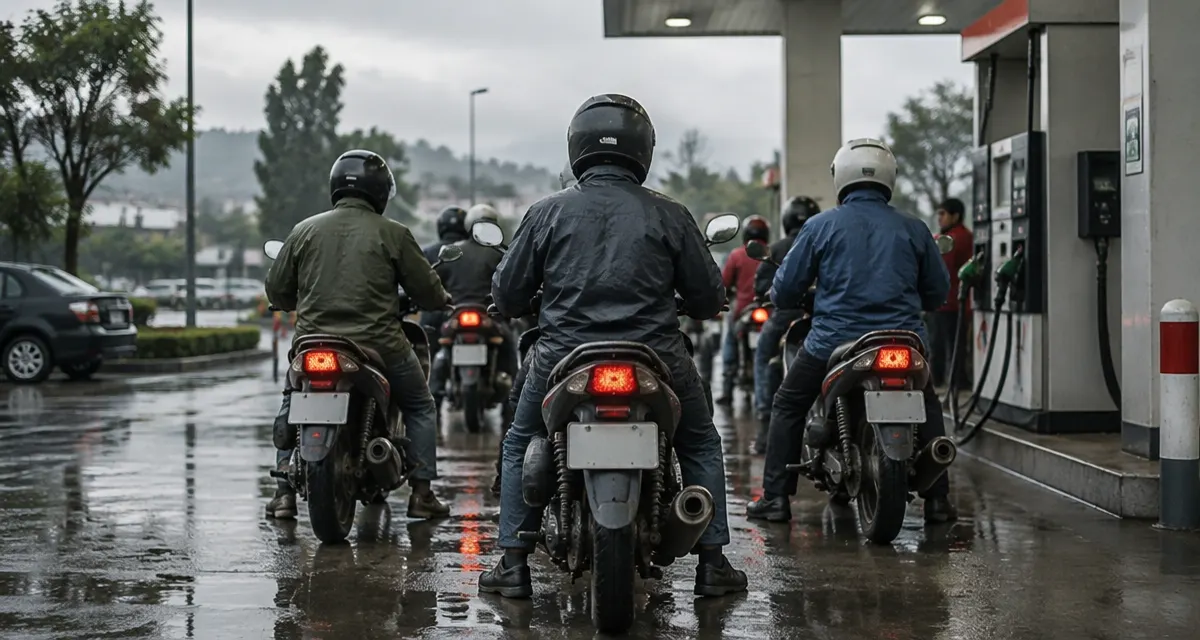 Illustration: motorbikes queued at a fuel station