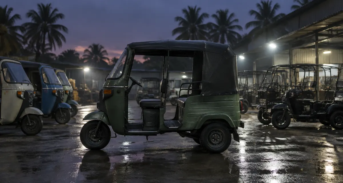 Illustration: three-wheelers and unfinished vehicle frames in a wet industrial yard at dusk