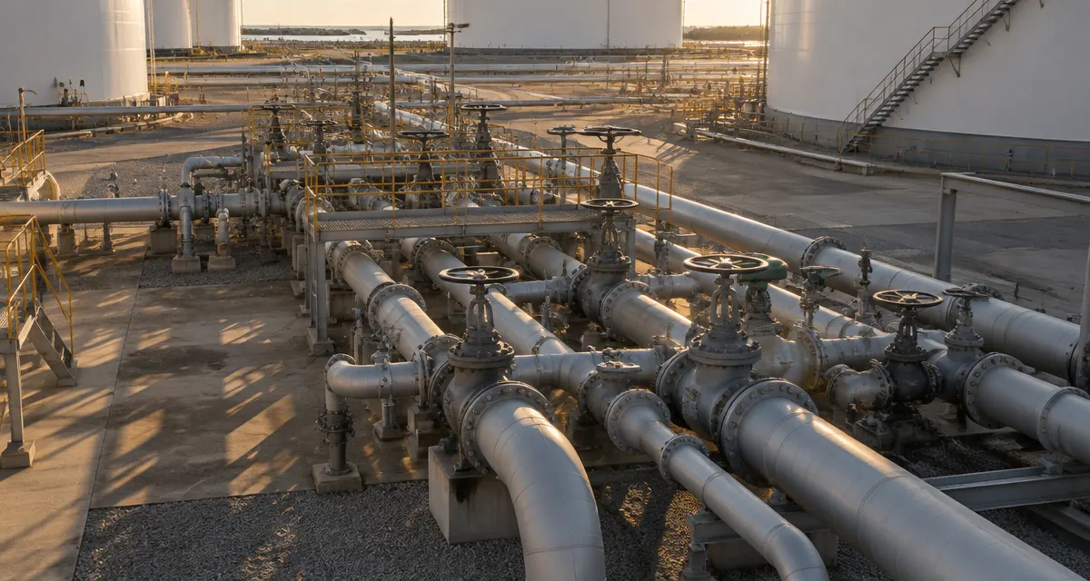 Illustration: pipeline manifolds and valves at a petroleum storage terminal