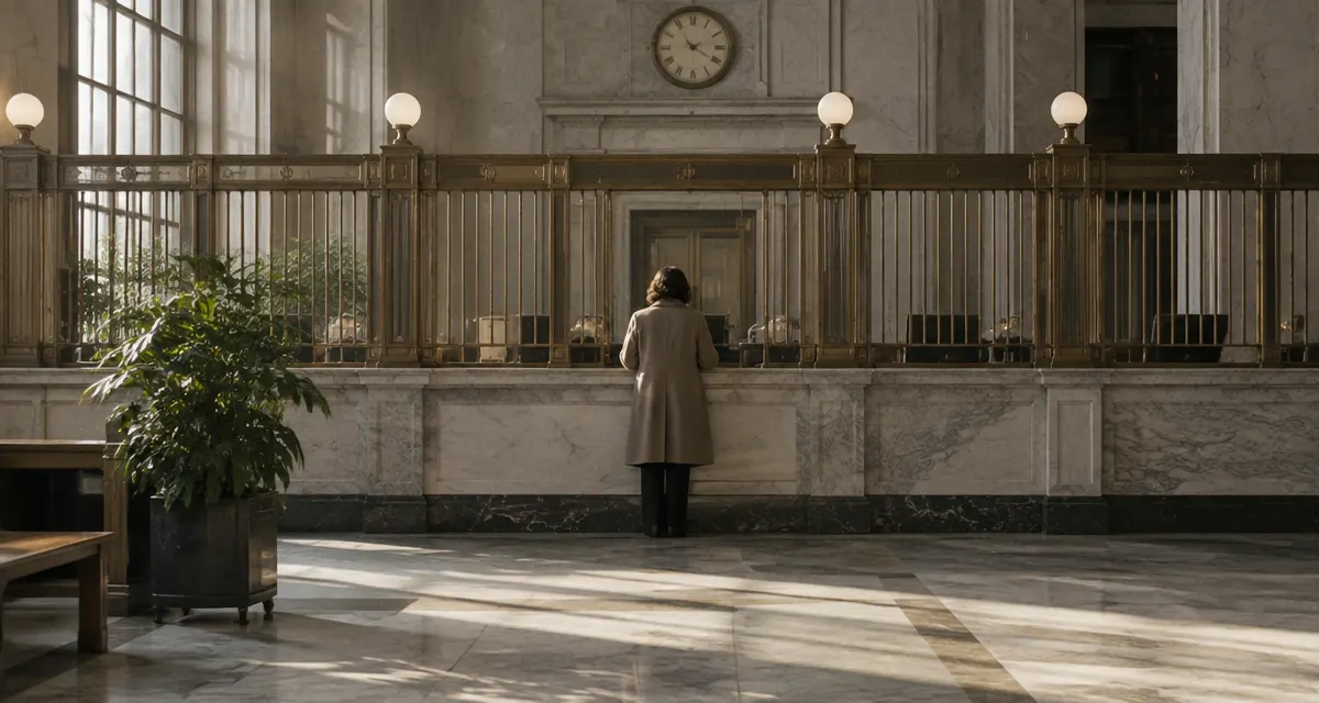 Illustration: a marble banking hall with teller windows