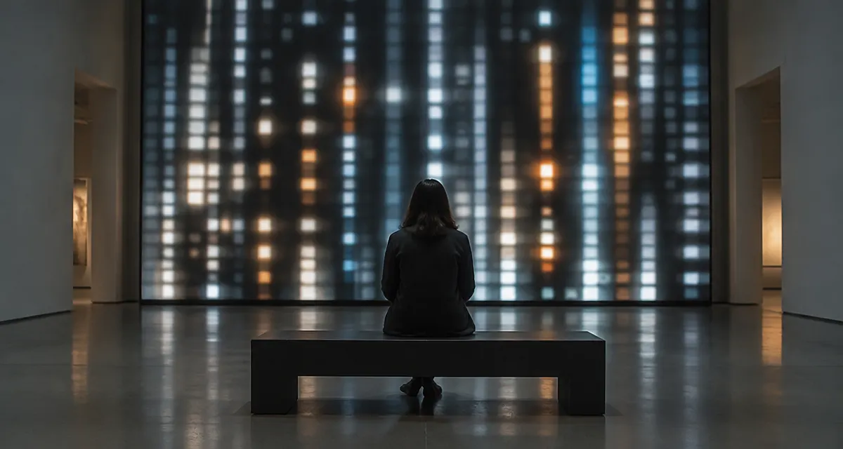 Illustration: an electronic ticker wall seen from a quiet gallery
